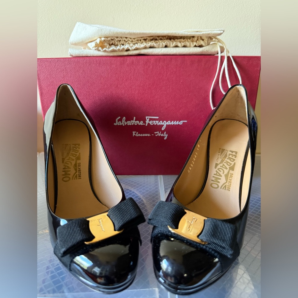 AUTHENTIC Salvatore Ferragamo Black Patent Leather Heels with Gold Accent